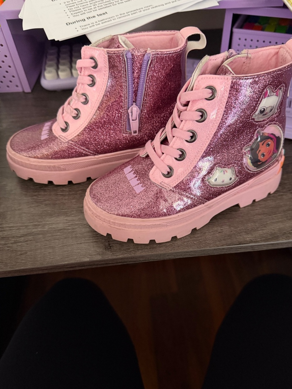 Kids Pink Glitter Lace-Up Boots with Gabby Doll House